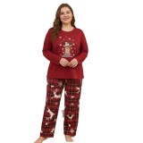 Women's Plus Size Christmas Pajama Set Spring Fall Cartoon Reindeer Print Holiday Loungewear Two Piece Set