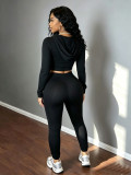 Women's Hooded V Neck Cropped Solid Color Tight Fitting Hoodie Top Tight Fitting Ripped Yoga Pants Two Piece Set