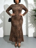 Women's Plus Size Sexy Leopard Print High Neck Long Sleeve Long Dress