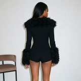 Women Autumn/Winter Solid Casual Furry Zip Patchwork Long-sleeve Jumpsuit