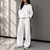 Women's Color Block Stand Collar Zip Up Jacket Drawstring Wide Leg Pants Sports Two Piece Set