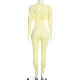 Women Solid V Neck Ruched Long-sleeve Top and Long Pants Two-piece Set
