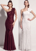 Women's Plus Size One Shoulder Sequin Mesh Beaded Floral Mermaid Evening Gown