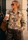 Women's Fall Floral Jacquard Turndown Collar Zip Up Long Sleeve Slim Fit Jacket