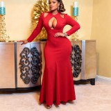 Women's Plus Size Long Sleeve Cutout Mermaid Dress High Waist Slim Fit Formal Party Evening Gown