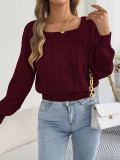 Women Autumn/Winter Casual Solid Cable Knit Square Neck Long-sleeve Sweater