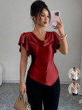 Women's Summer Solid Color Satin Cowl Neck Ruched Asymmetric Short Sleeve Top
