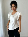 Women's Summer Solid Color Satin Cowl Neck Ruched Asymmetric Short Sleeve Top