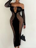 Women Off Shoulder Long-sleeve Fishnet Hollow-out Sexy Bodycon Dress