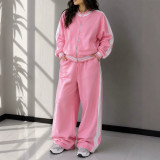Women's Color Block Stand Collar Zip Up Jacket Drawstring Wide Leg Pants Sports Two Piece Set