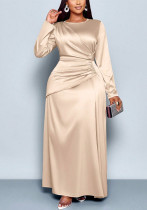 Women's Plus Size Champagne Satin Round Neck Long Sleeve Side Waist Pleated ZMaxi Dress