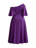 Women's Plus Size Purple Slash Shoulder Evening Dress Off Shoulder Ruffle Short Sleeves Slim Waist A Line Midi Dress