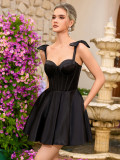Women's Black Sweet Fishbone Fitted Party Mini Dress