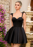 Women's Black Sweet Fishbone Fitted Party Mini Dress