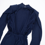 Women's Fall Winter Solid Color Casual Split Long Sleeve Ribbon Low Back Slim Fit Short Jumpsuit