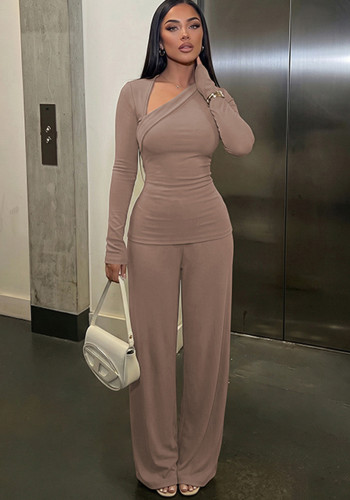 Women's Winter Solid Color Slash Shoulder Long Sleeve Slim Fit Top Bell Bottom Pants Fashion Two Piece Set