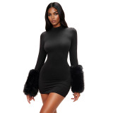 Women's Fall Solid Color Mock Neck Long Sleeve Cuff Patchwork Faux Fur Mini Dress