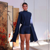 Women's Fall Winter Solid Color Casual Split Long Sleeve Ribbon Low Back Slim Fit Short Jumpsuit