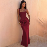 Women Autumn Solid Square Neck Patchwork Strappy Maxi Dress