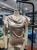 Women's Summer Solid Color Satin Cowl Neck Ruched Asymmetric Short Sleeve Top
