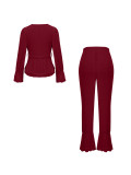 Women's Chic Casual Lantern Sleeve Tie Front Pullover Top Wide Leg Pants Two Piece Set