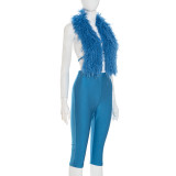 Women Sexy Fuzzy Halter Neck Lace-Up Top and Capri Pants Two-piece Set