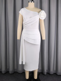 Plus Size Women Solid Slash Shoulder Big Rose Elegant Evening Dress