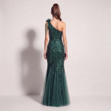 Women's Plus Size One Shoulder Sequin Mesh Beaded Floral Mermaid Evening Gown