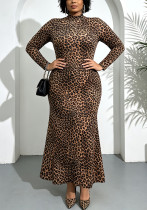 Women's Plus Size Sexy Leopard Print High Neck Long Sleeve Long Dress