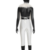 Women Sexy Fuzzy Halter Neck Lace-Up Top and Capri Pants Two-piece Set
