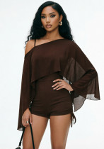 Women's Fall Winter Solid Color Sexy Slash Shoulder Long Sleeve Shawl Strap Drawstring Short Jumpsuit