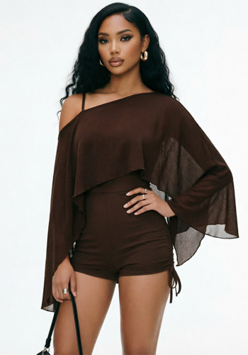 Women's Fall Winter Solid Color Sexy Slash Shoulder Long Sleeve Shawl Strap Drawstring Short Jumpsuit