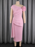 Plus Size Women Solid Slash Shoulder Big Rose Elegant Evening Dress