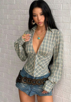 Women's Plaid Deep V Neck Slim Waist Slim Fit Button Front Long Sleeve Blouse