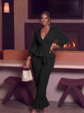 Women's Chic Casual Lantern Sleeve Tie Front Pullover Top Wide Leg Pants Two Piece Set