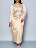 Women's Plus Size Champagne Satin Round Neck Long Sleeve Side Waist Pleated ZMaxi Dress