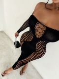 Women Off Shoulder Long-sleeve Fishnet Hollow-out Sexy Bodycon Dress