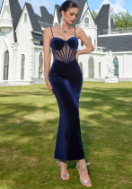 Women's Navy Blue Velvet Luxury Dinner Party Slim Fit Fishbone Dress