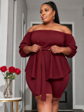 Women's Plus Size Off Shoulder Belt Slim Waist Slim Fit Top Stretch Bodycon Shorts Two Piece Set