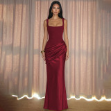 Women Autumn Solid Square Neck Patchwork Strappy Maxi Dress