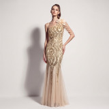 Women's Plus Size One Shoulder Sequin Mesh Beaded Floral Mermaid Evening Gown