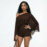 Women's Fall Winter Solid Color Sexy Slash Shoulder Long Sleeve Shawl Strap Drawstring Short Jumpsuit