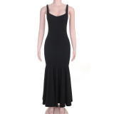 Women Sexy Beaded V Neck Fishtail Maxi Strap Dress