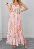 Women's Sexy Printed Strap Dress Low Neck Slim Waist Low Back Ruched Maxi Dress
