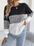 Women Autumn/Winter Casual Color-block Cable Knit Irregular Lantern Sleeve Sweater