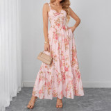 Women's Sexy Printed Strap Dress Low Neck Slim Waist Low Back Ruched Maxi Dress