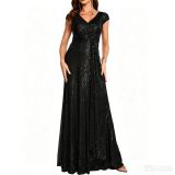 Women Black V Neck Sequin Elegant Evening Dress