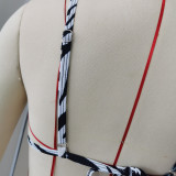 Women Striped Print Bikini Sexy Backless Lace-Up Pleated Two-piece Swimsuit