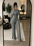 Women Autumn/Winter Solid Long-sleeve Top + Patchwork Wide-leg Pants Two-piece Set