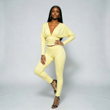 Women Solid V Neck Ruched Long-sleeve Top and Long Pants Two-piece Set